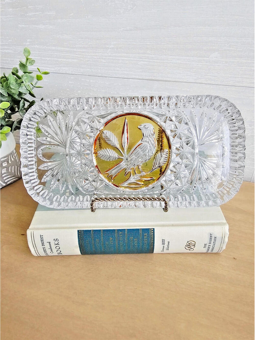 Vintage Hofbauer Byrdes Lead Crystal Yellow Bird Tray Relish Dish 8.6" L